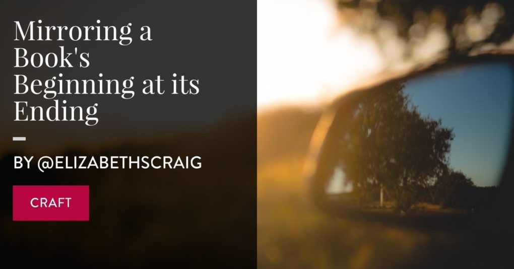 A car's rear view mirror is shown as the driver drives into a sunset. The post's title, "Mirroring a Story's Beginning at Its Ending" is superimposed on the left.