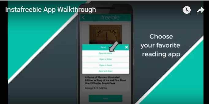 Screenshot of the Instafreebie app, showing a drop-down menu of ereader choices. 
