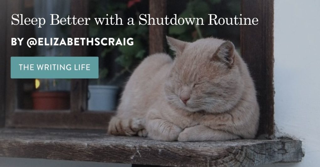 Sleeping orange cat on the right with the post title, 'Sleep Better with a Shutdown Routine' superimposed on the left.